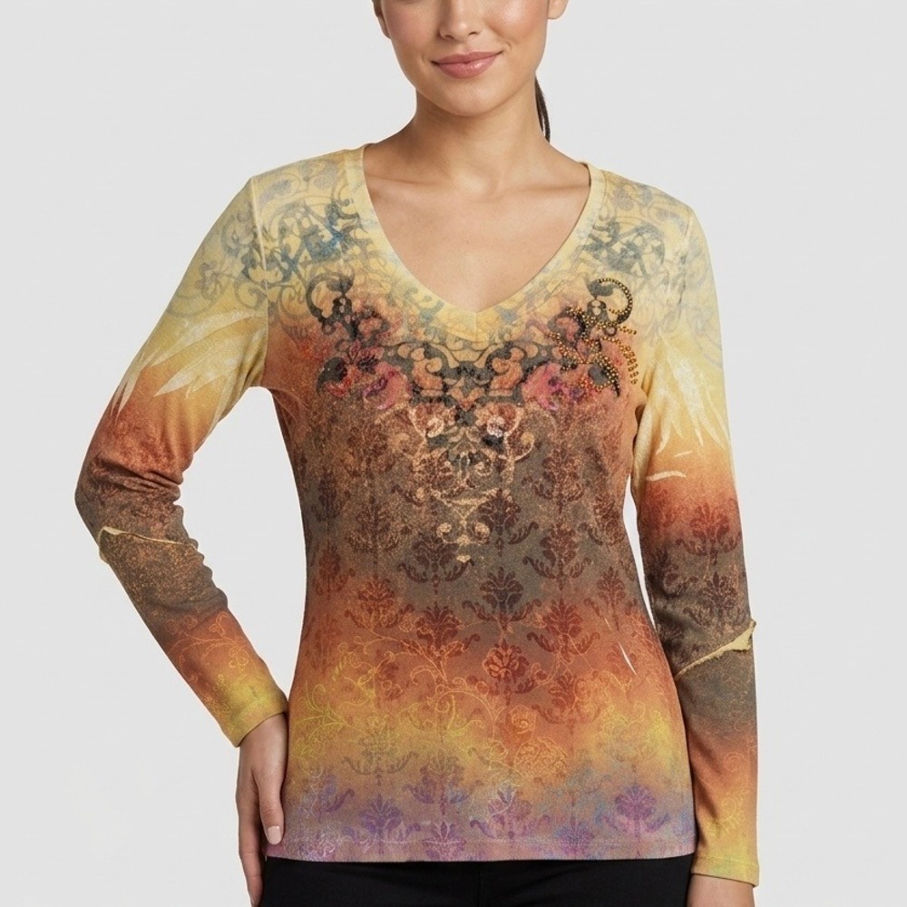 Unity World Womens Long Sleeve Ribbed Graphic Top Sz M Boho Hippy Earthy‎ Y2k